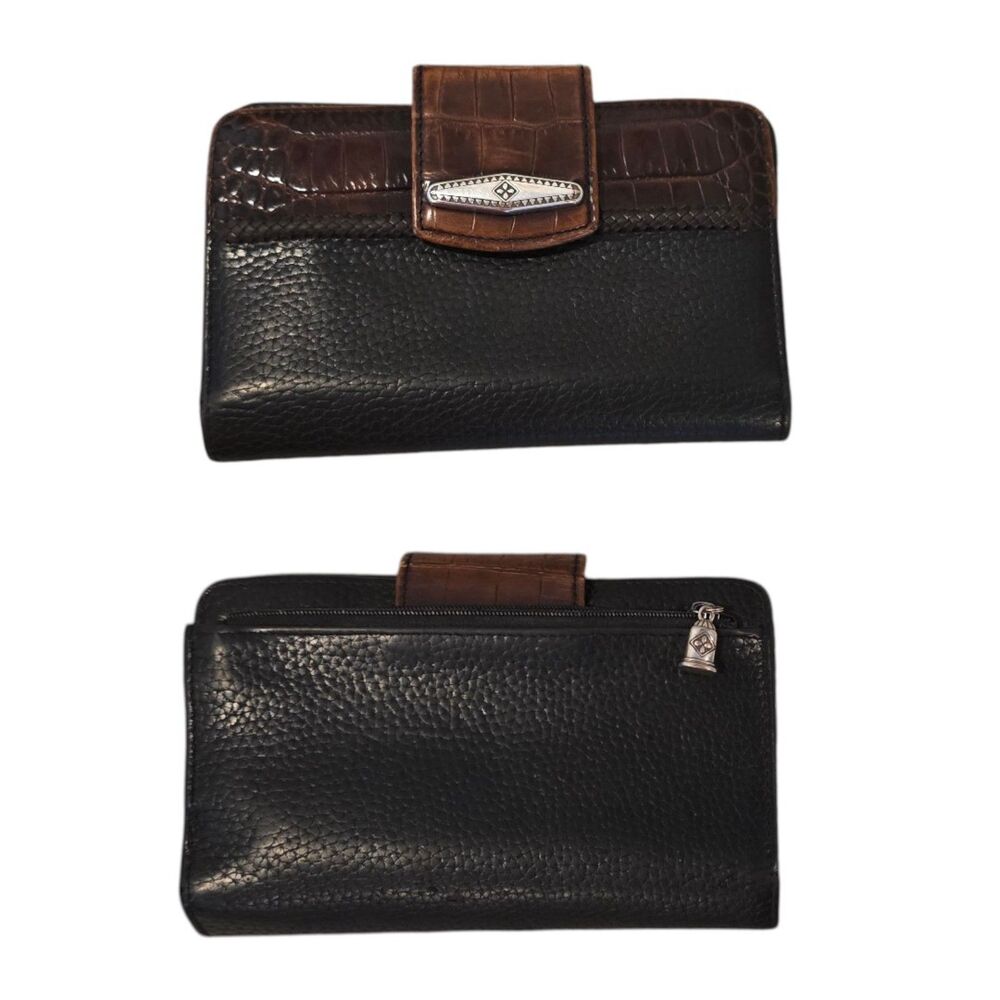 Brighton Leather Organizer Wallet Black Brown Croc Embossed Snap Clutch